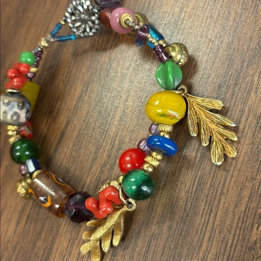 Handmade Glass Murano Colorful Beaded Bracelet with Gold Leaf Charm Accents